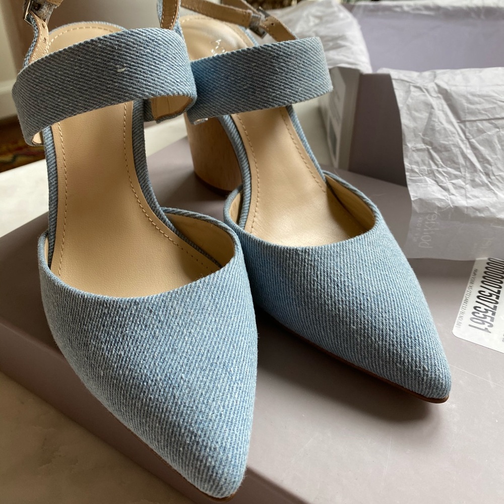 Botkier Pointed-Toe Slingback Wooden Heels (Denim)